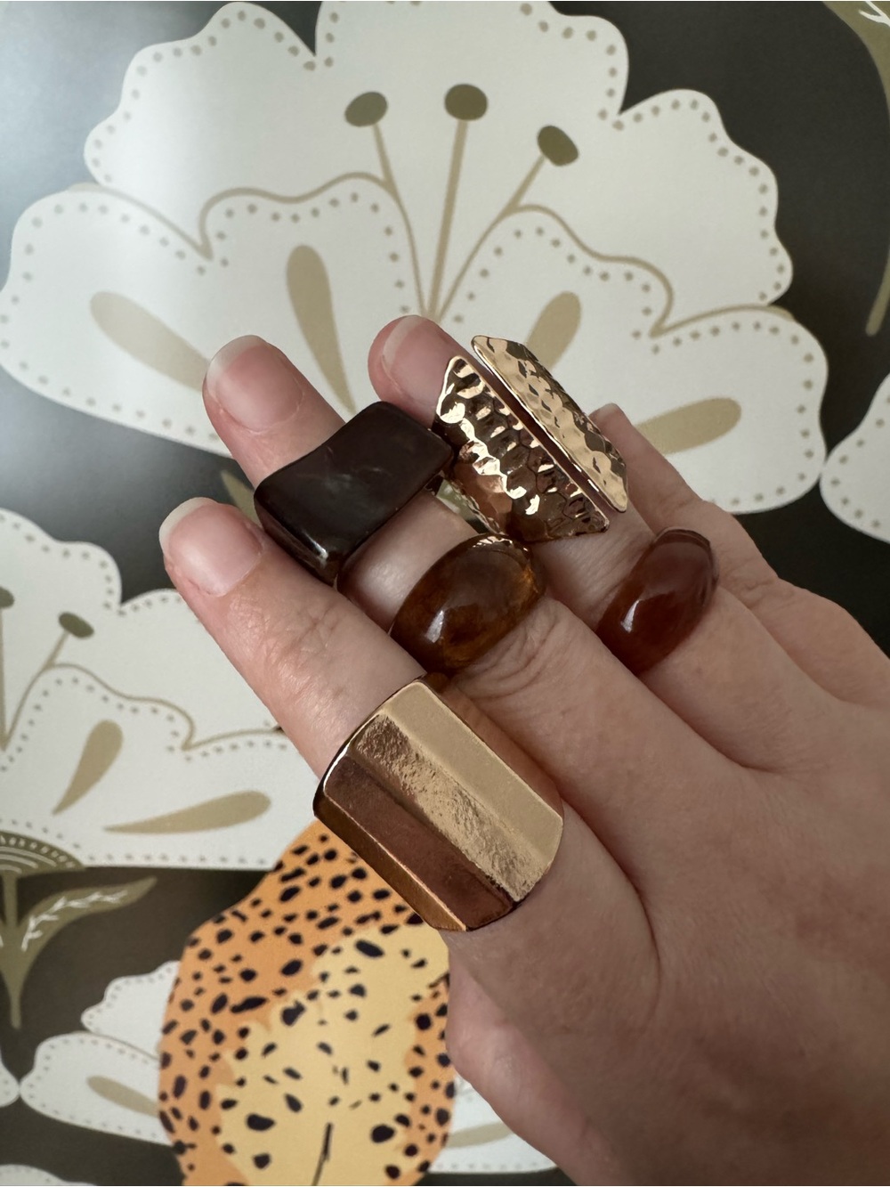 Gold and Brown Resin Mixed-Shape Chunky Ring Set 7-7.5